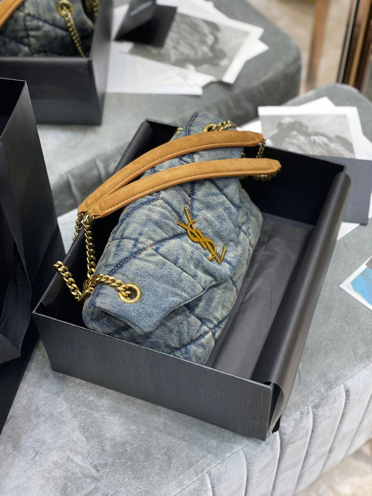 LOULOU PUFFER SMALL 29CM RODEO BLUE SUEDE DENIM