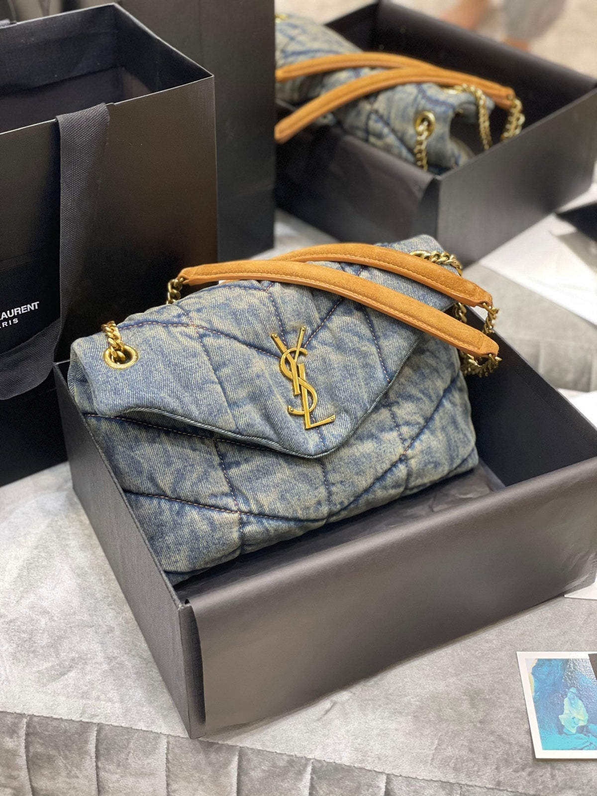 LOULOU PUFFER SMALL 29CM RODEO BLUE SUEDE DENIM