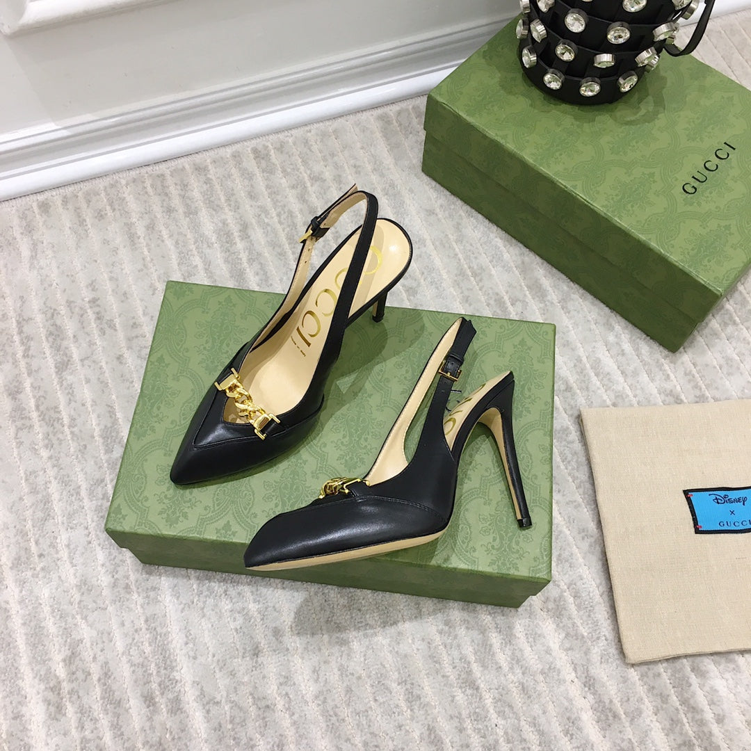 GG HIGH HEEL SLINGBACK BLACK CALFSKIN WITH CHAIN