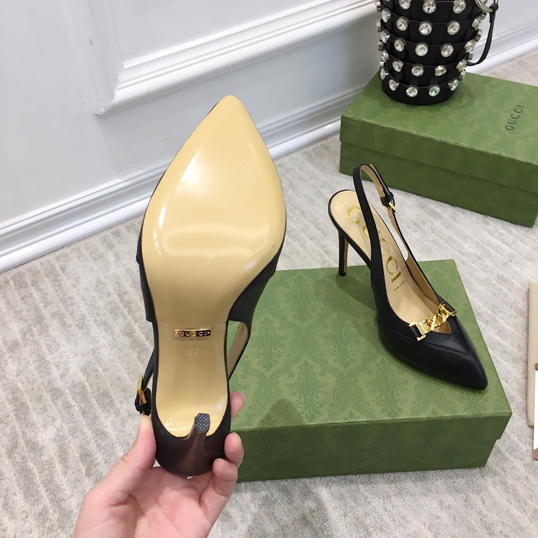 GG HIGH HEEL SLINGBACK BLACK CALFSKIN WITH CHAIN