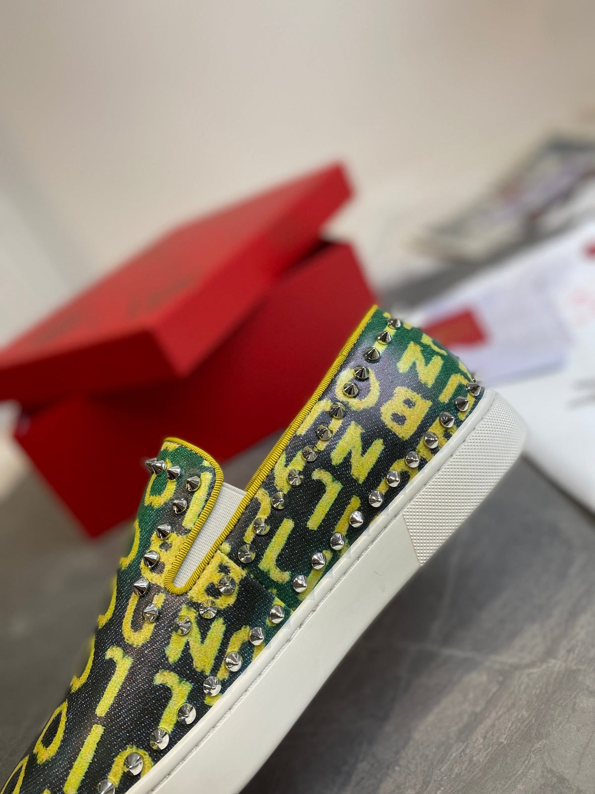 CL Loafers Monogram Yellow Green Leather and Spikes 242380
