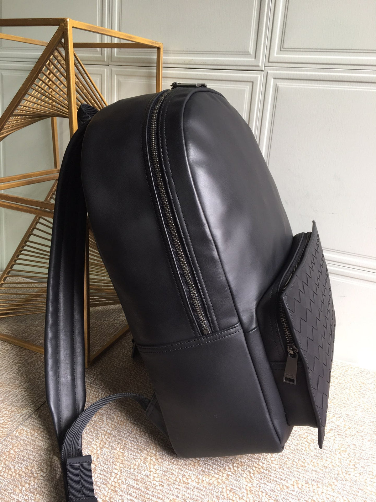 BV Plaid Backpack 45cm Black Cowhide 422279