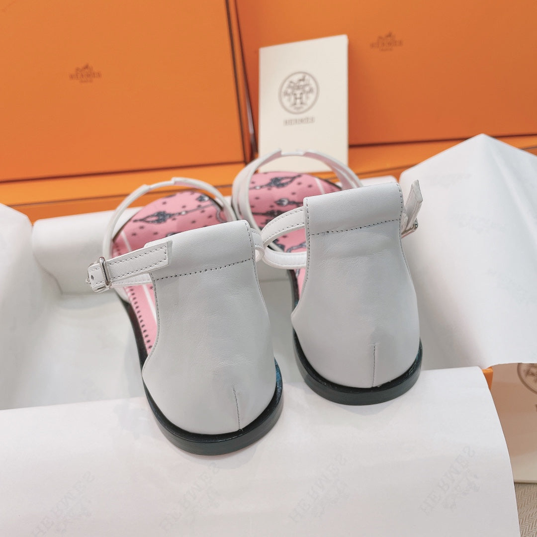 HM Flat Sandals White Pink Cowhide 348049