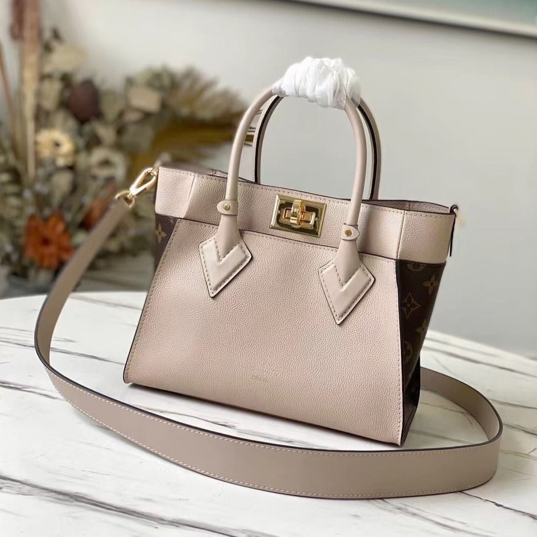 on my size pm 25cm greige calfskin brown monogram canvas