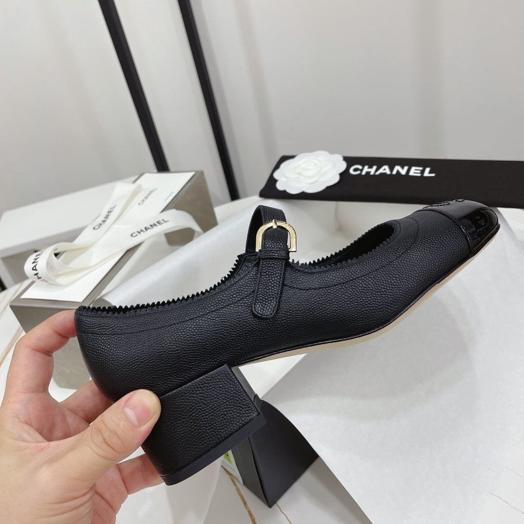 CC MARY JANE BLOCK HEEL BLACK SHEEPSKIN