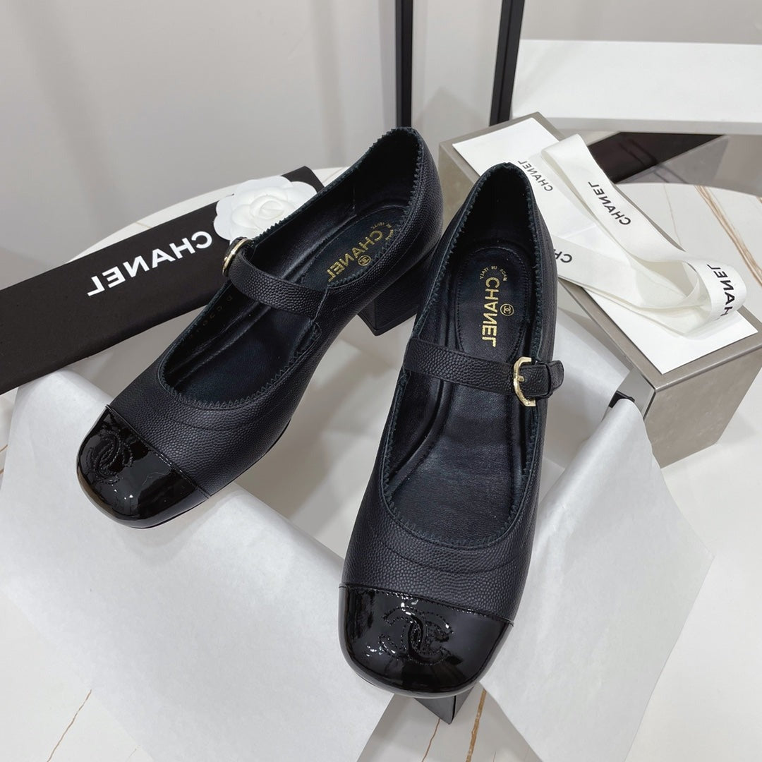 CC MARY JANE BLOCK HEEL BLACK SHEEPSKIN