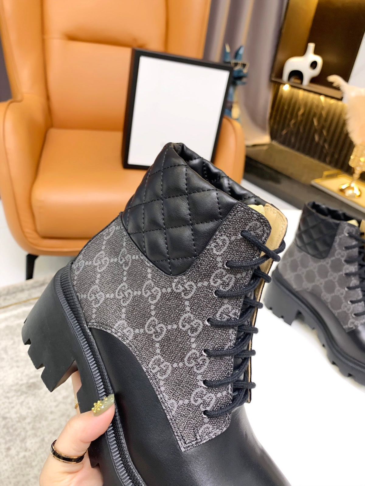 GG ankle boots black gray canvas mix leather