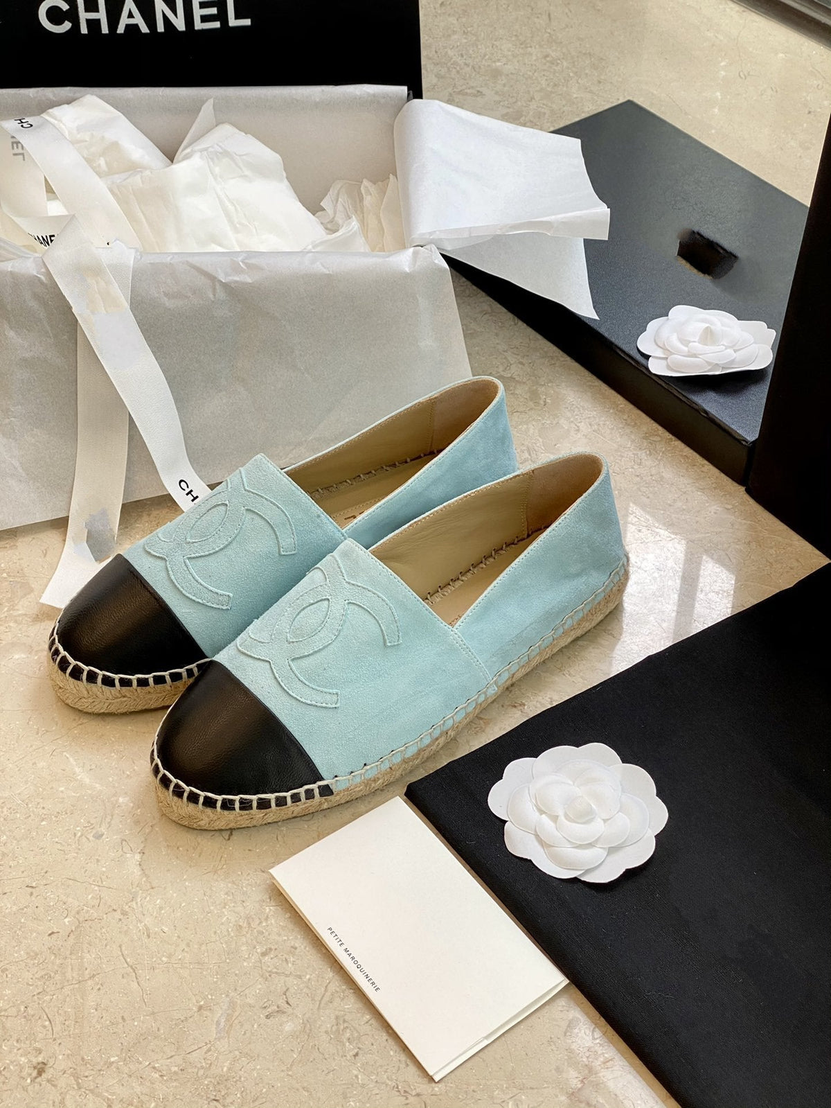 espadrilles cloud blue suede black lambskin