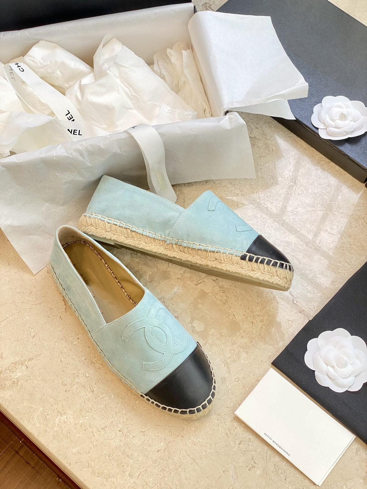 espadrilles cloud blue suede black lambskin
