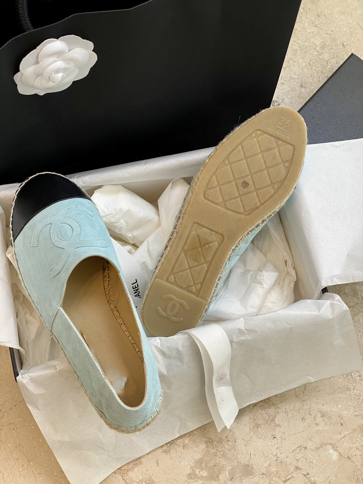espadrilles cloud blue suede black lambskin