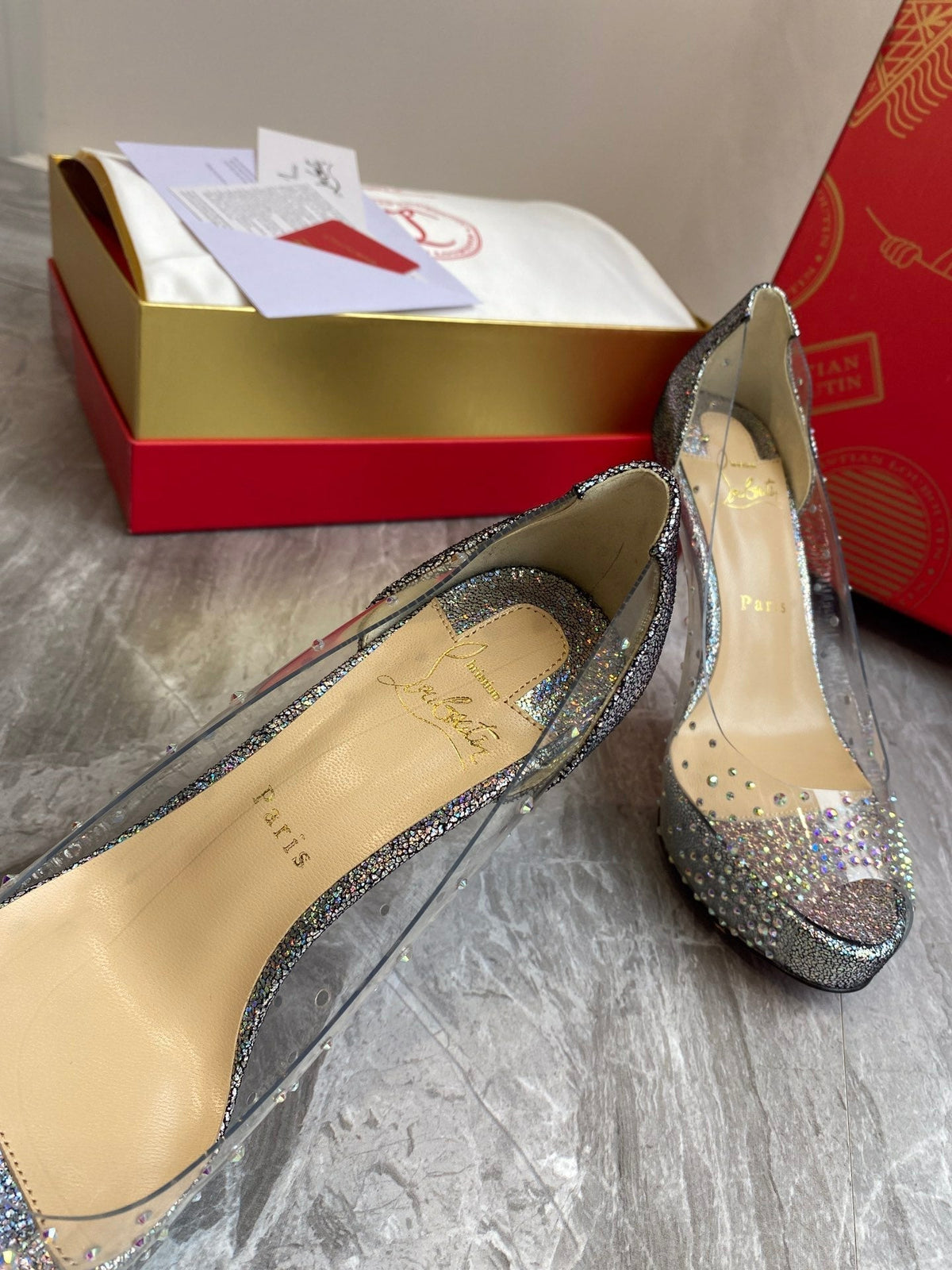 CL Very Strass Peep Toe Pumps 120mm PVC and Glitter Silver