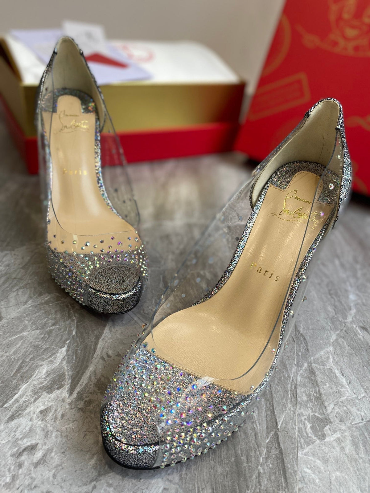 CL Very Strass Peep Toe Pumps 120mm PVC and Glitter Silver