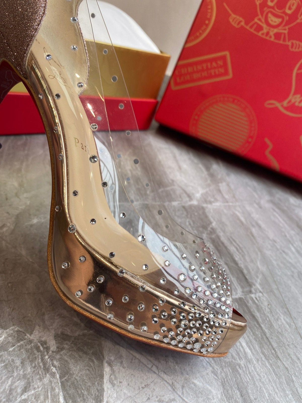 CL Very Strass Peep Toe Pumps 120mm PVC and Glitter Gold