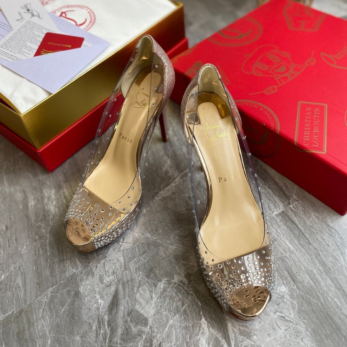 CL Very Strass Peep Toe Pumps 120mm PVC and Glitter Gold
