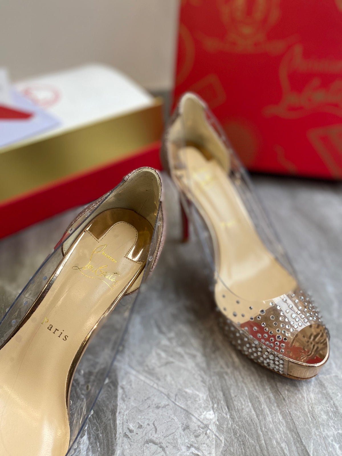 CL Very Strass Peep Toe Pumps 120mm PVC and Glitter Gold