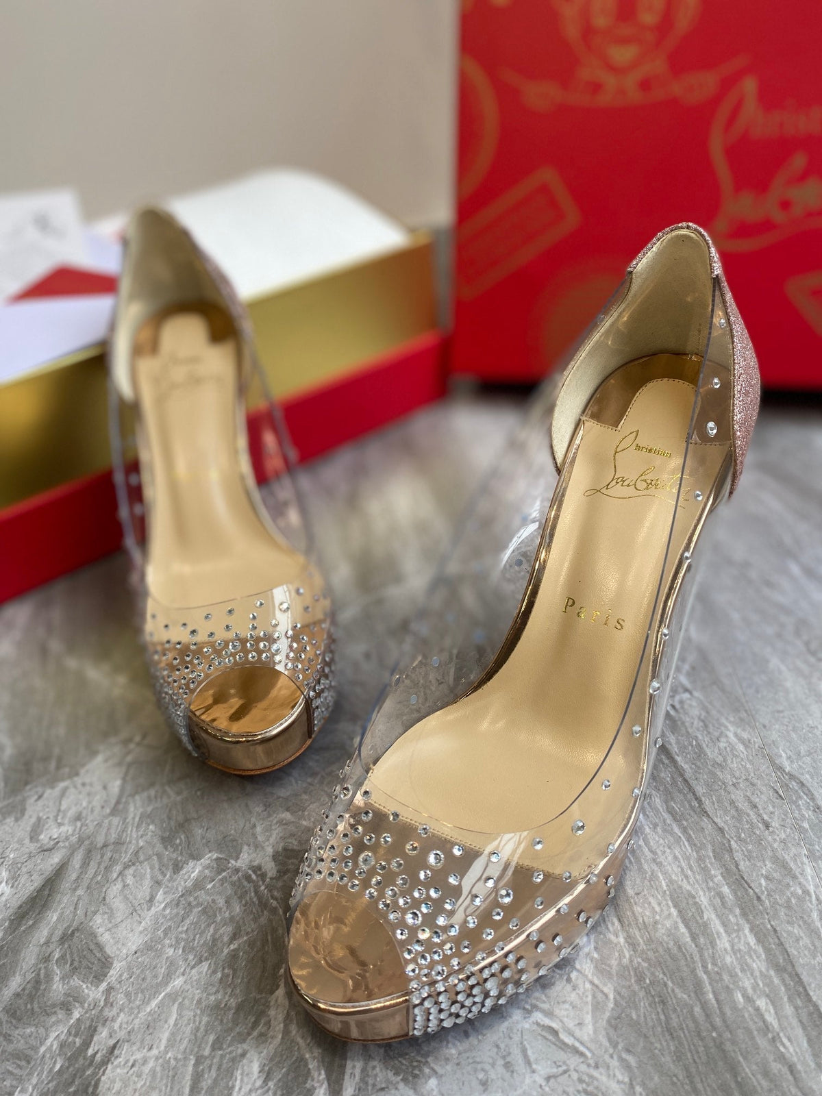 CL Very Strass Peep Toe Pumps 120mm PVC and Glitter Gold