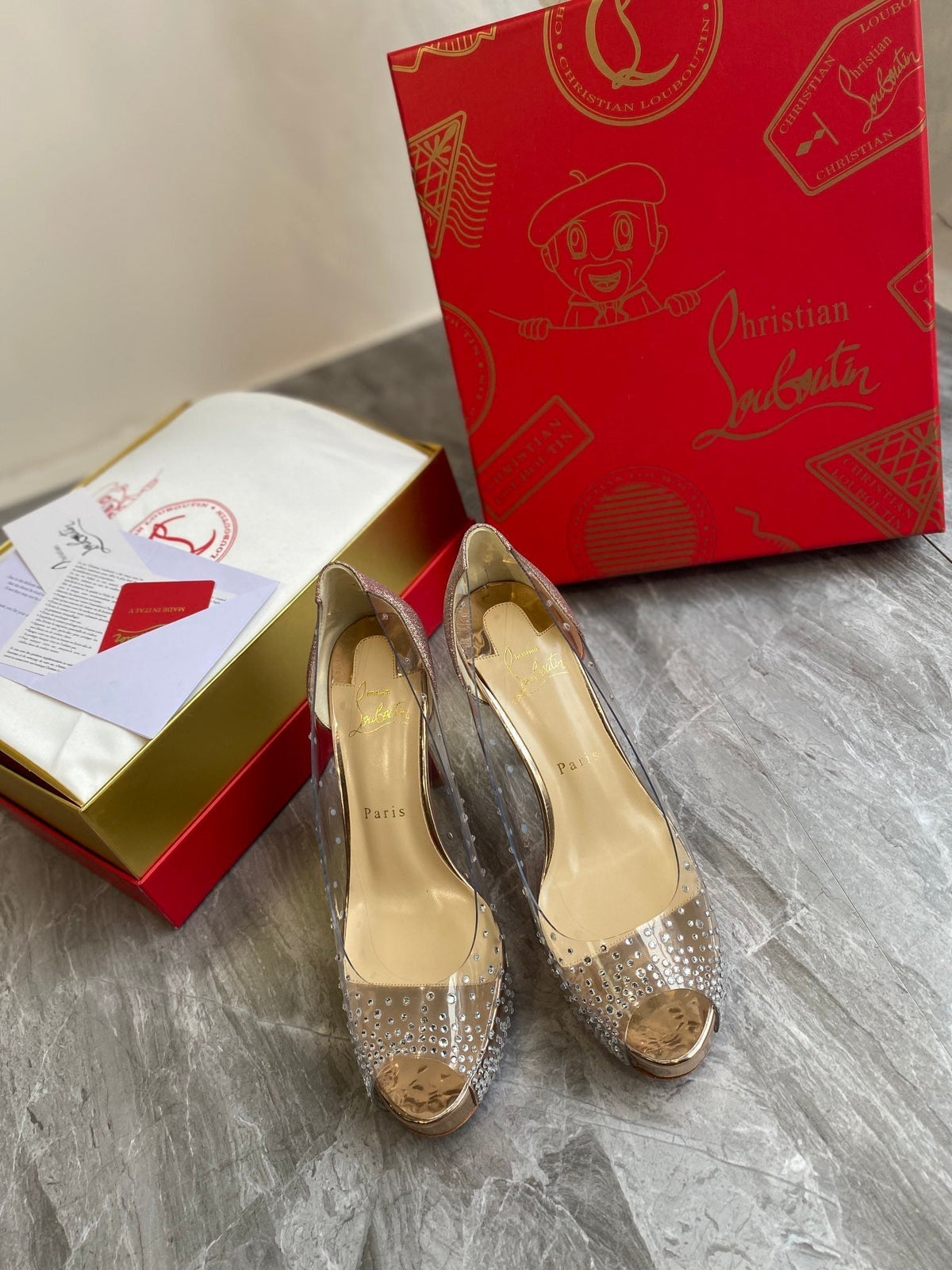 CL Very Strass Peep Toe Pumps 120mm PVC and Glitter Gold