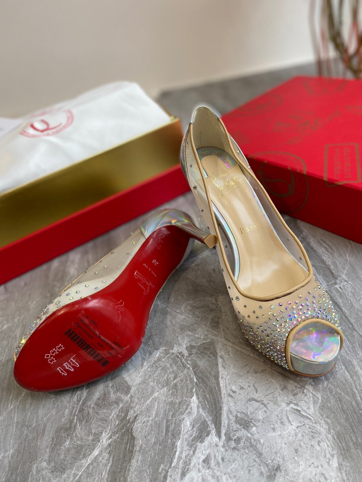 CL Very Strass Peep Toe Pumps 100mm Mesh and Leather Silver