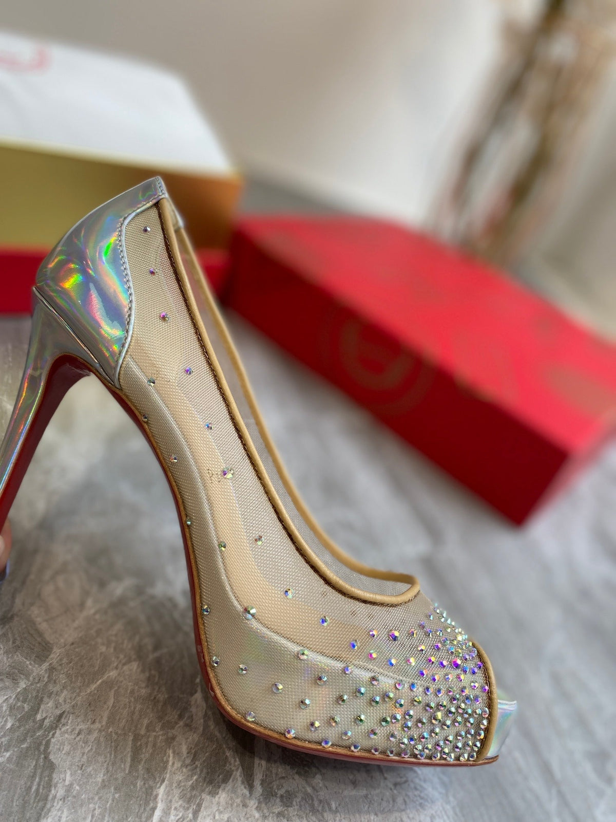 CL Very Strass Peep Toe Pumps 120mm Mesh and Leather Silver