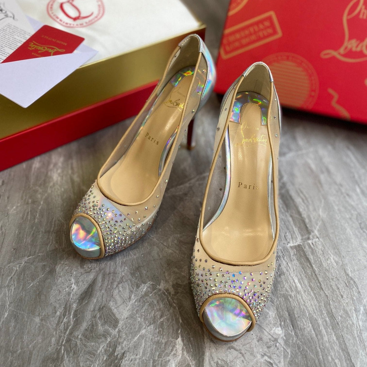 CL Very Strass Peep Toe Pumps 120mm Mesh and Leather Silver