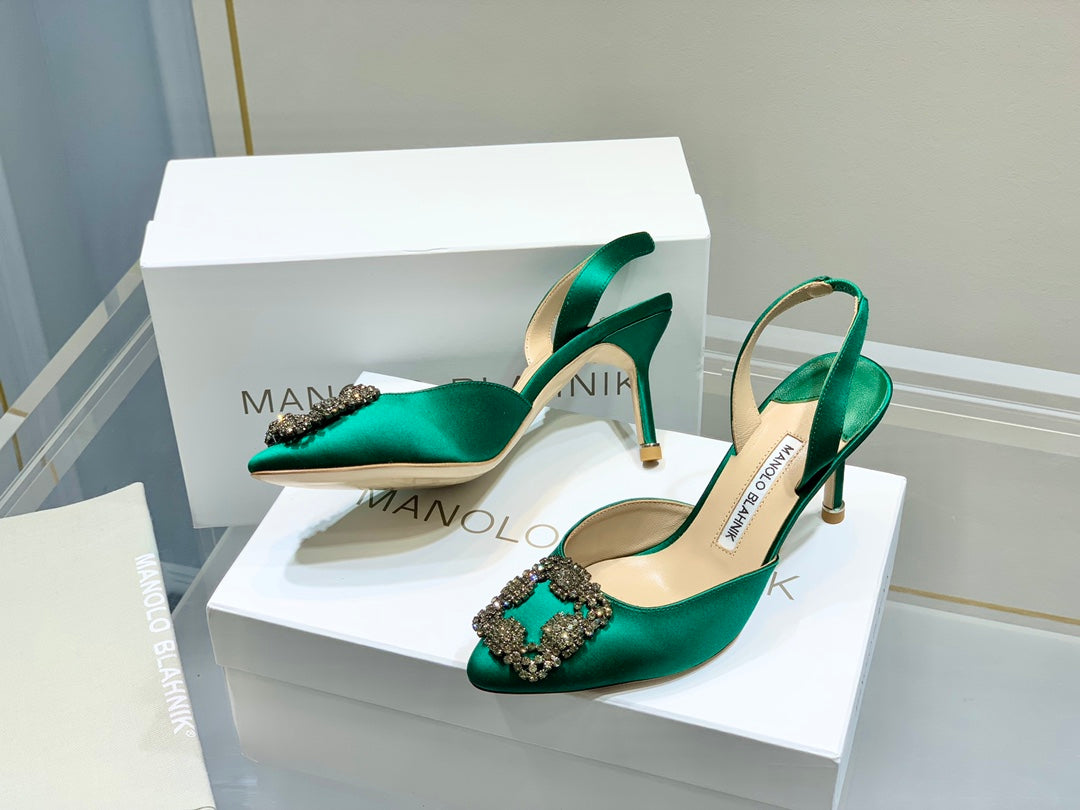 Manolo Buckle Slingback 7cm Green Silk 208029