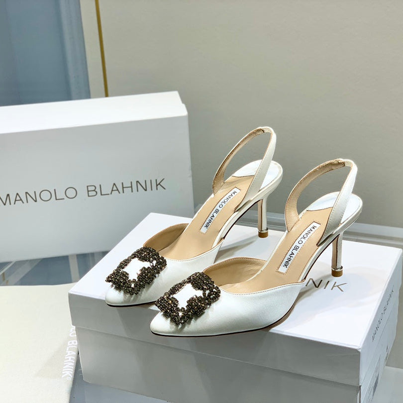 Manolo Buckle Slingback 7cm White Silk 208028