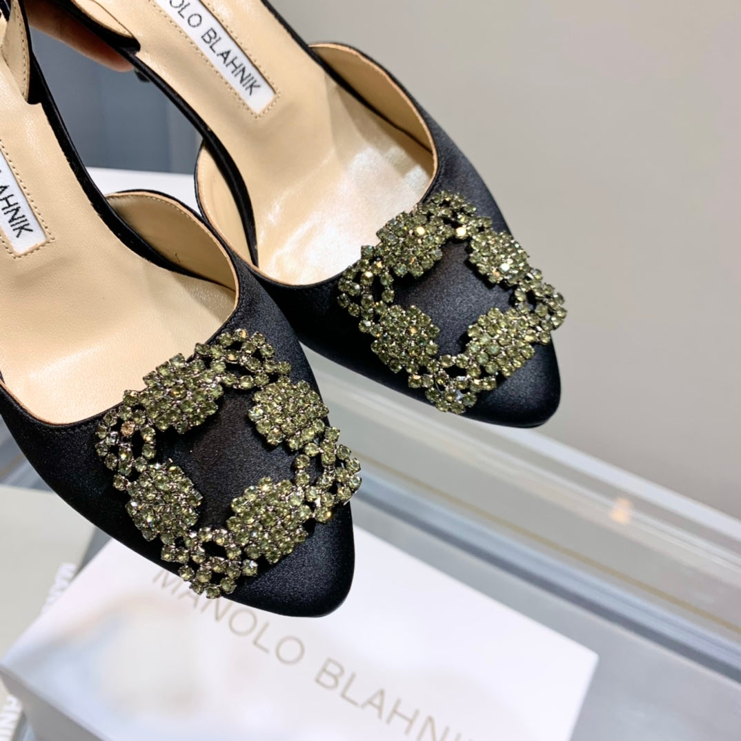 Manolo Buckle Slingback 7cm Black Silk 208027