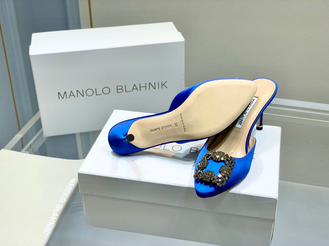 Manolo Buckle Mules 7cm Navy Blue Silk 208020