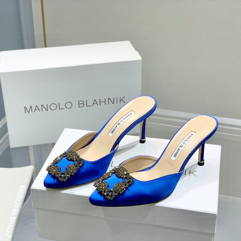 Manolo Buckle Mules 7cm Navy Blue Silk 208020