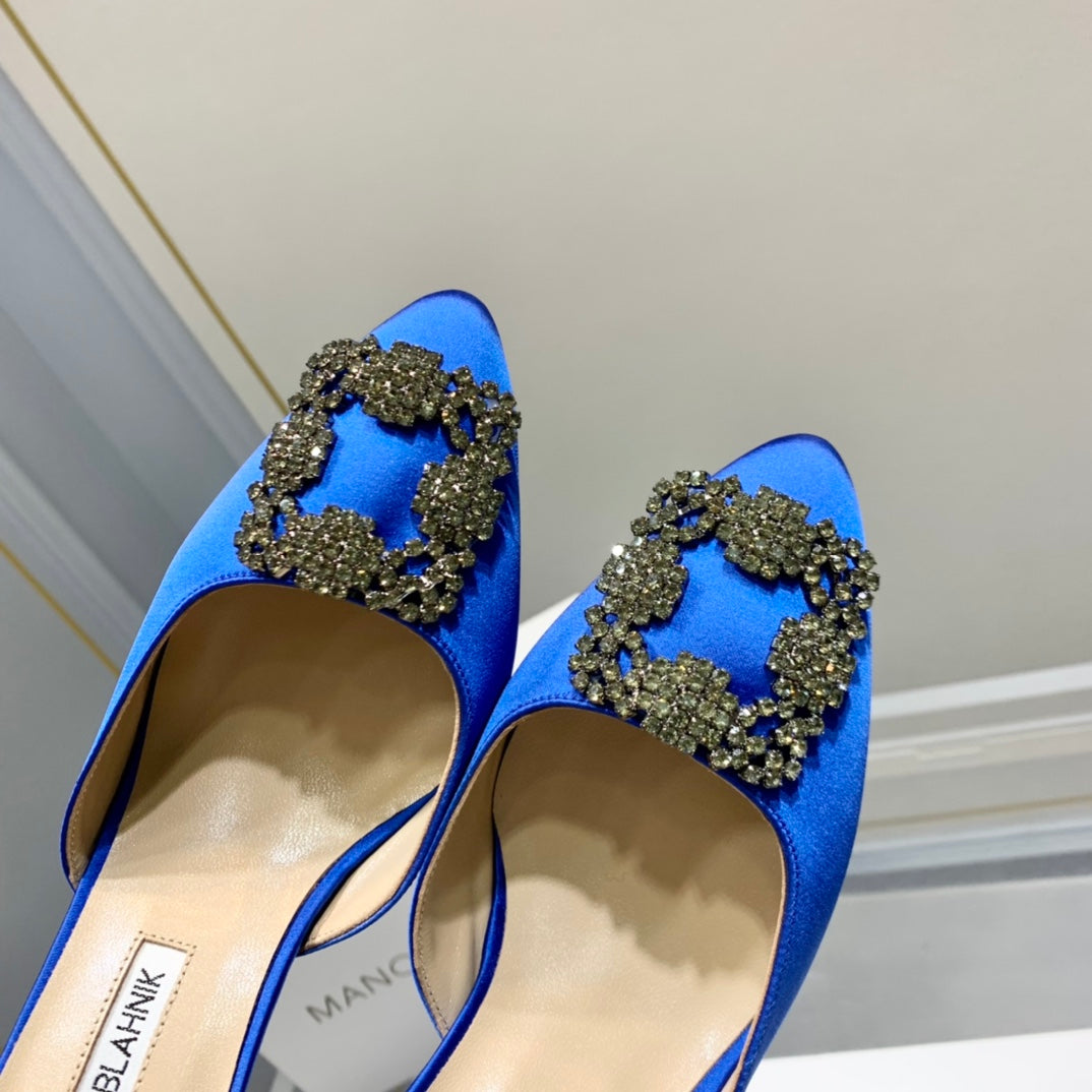 Manolo Buckle Mules 7cm Navy Blue Silk 208020