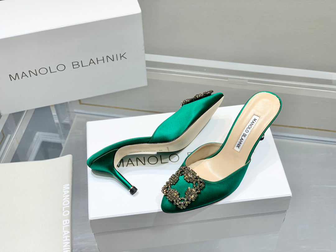 Manolo Buckle Mules 7cm Green Silk 208016
