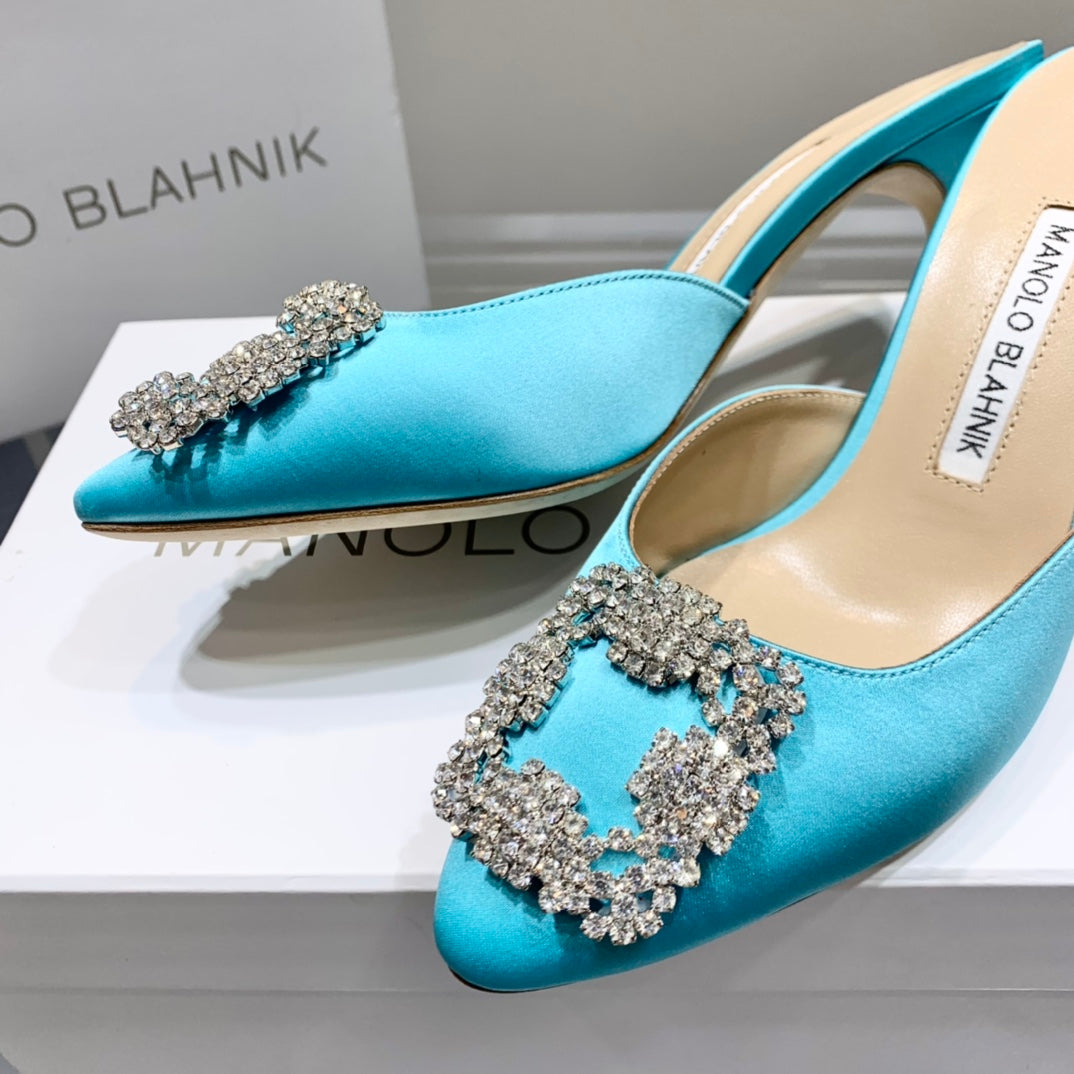 Manolo Buckle Mules 7cm Eletric Blue Silk 208017