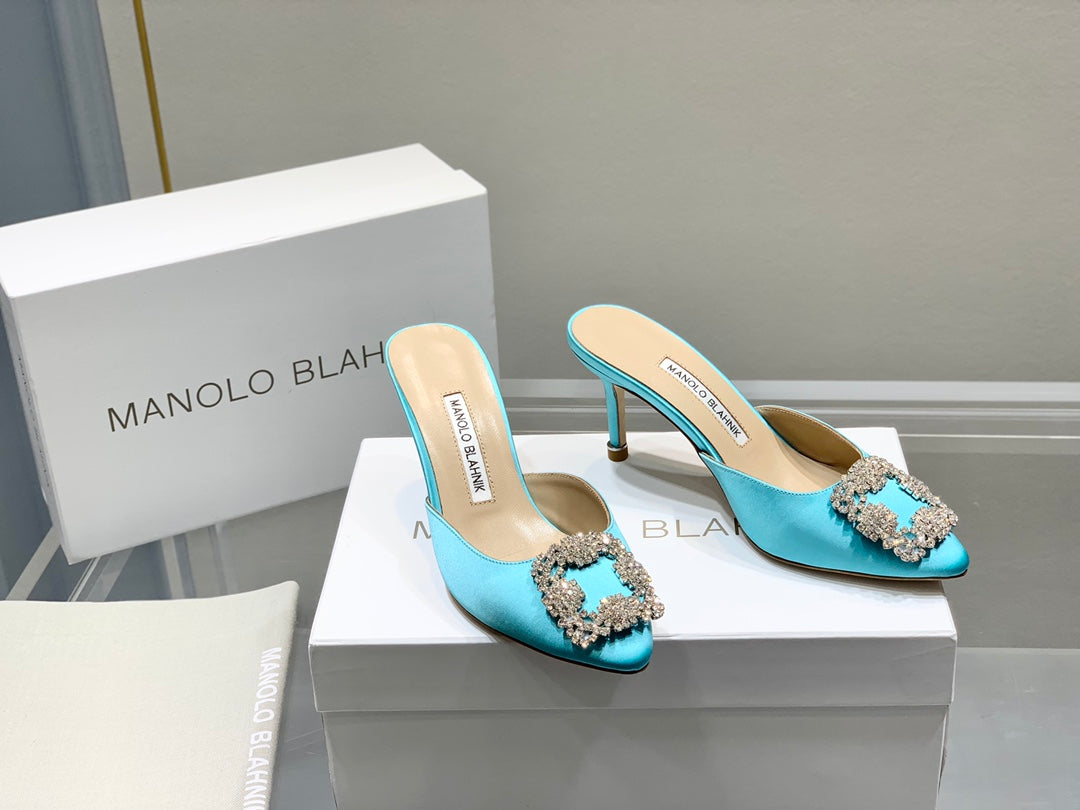 Manolo Buckle Mules 7cm Eletric Blue Silk 208017