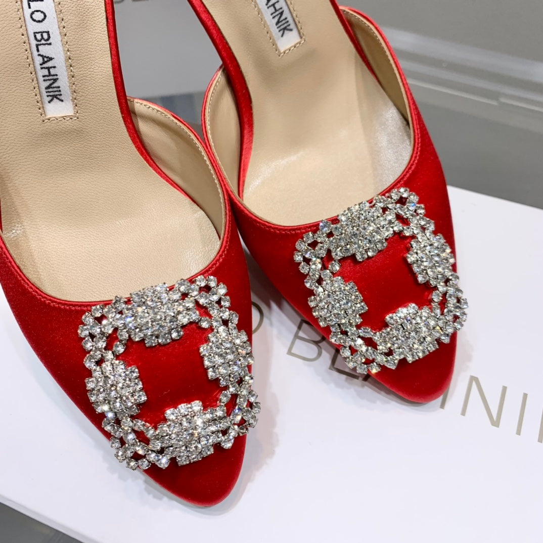 Manolo Buckle Mules 7cm Red Silk 208018