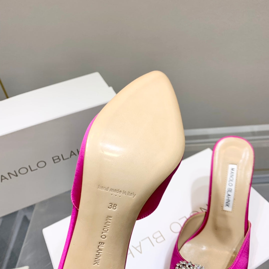 Manolo Buckle Mules 7cm Dark Pink Silk 208015