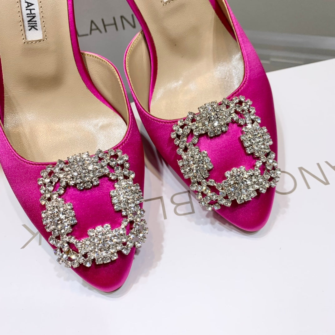 Manolo Buckle Mules 7cm Dark Pink Silk 208015