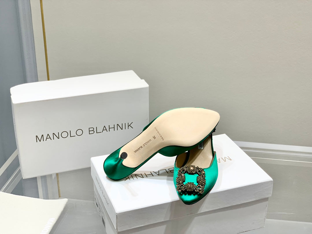 Manolo Buckle Mules 7cm Green Silk 208016