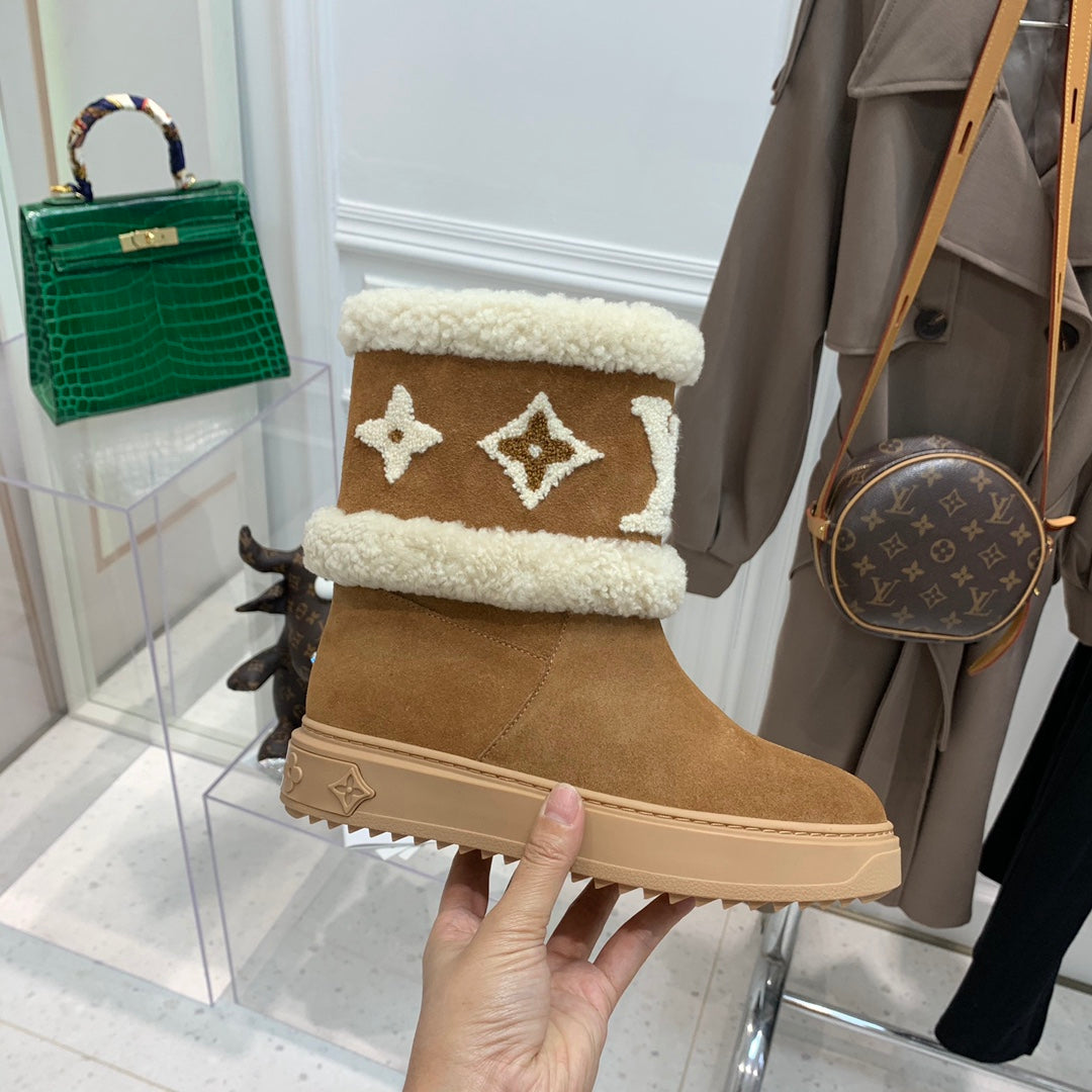 LV Snowdrop Flat Ankle Boot Brown Monogram White Suede