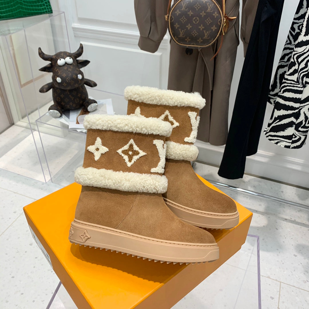 LV Snowdrop Flat Ankle Boot Brown Monogram White Suede
