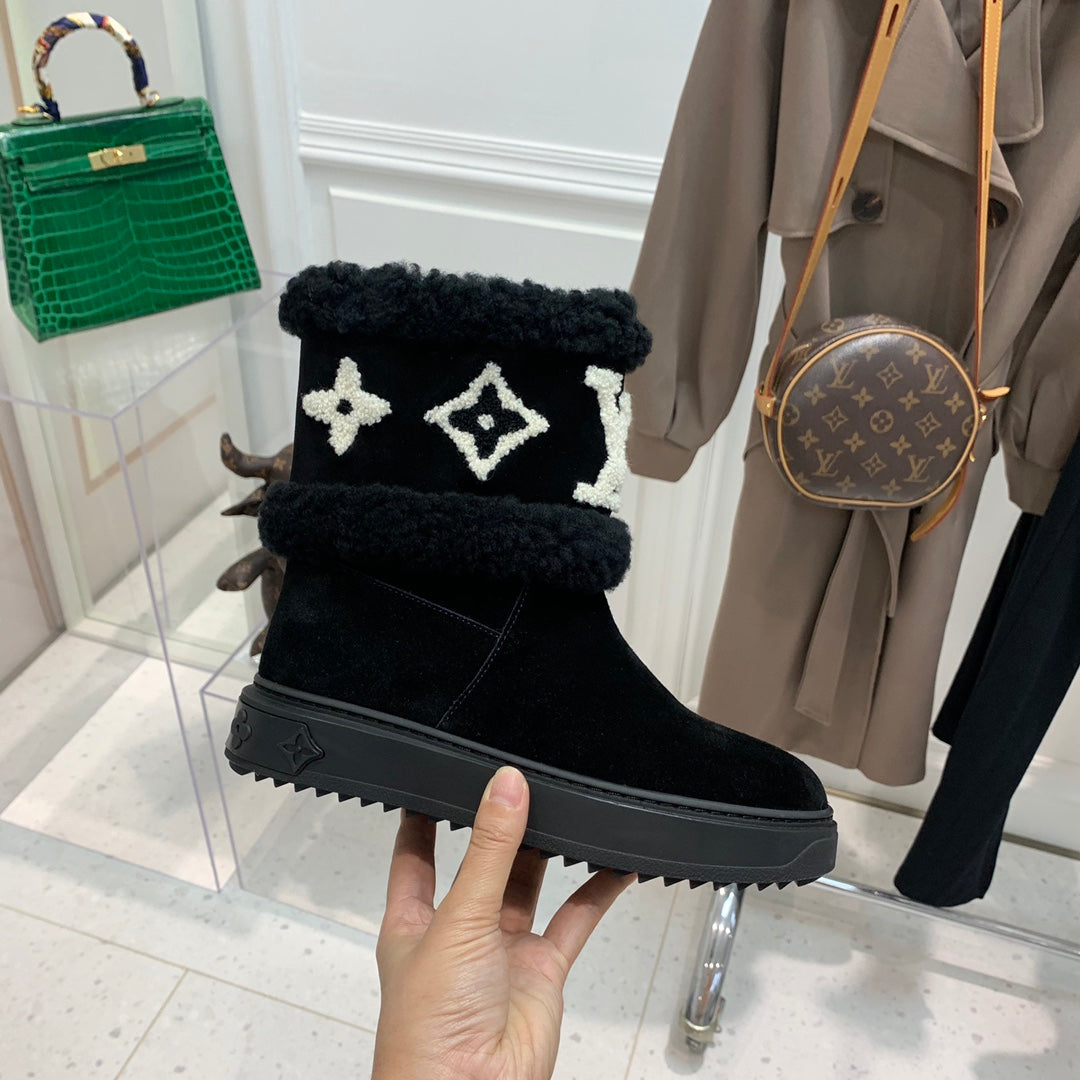 LV Snowdrop Flat Ankle Boot Black Monogram White Suede