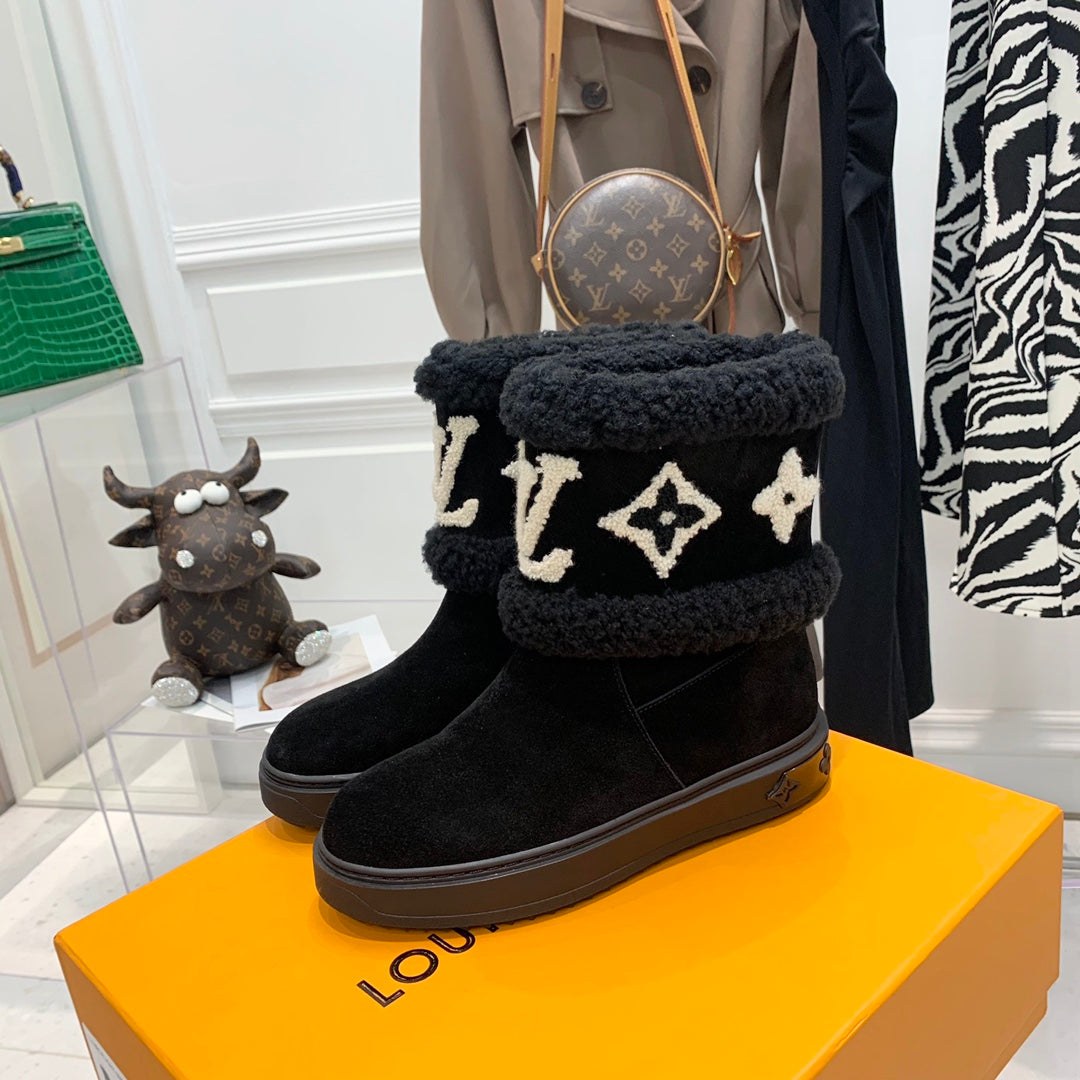 LV Snowdrop Flat Ankle Boot Black Monogram White Suede