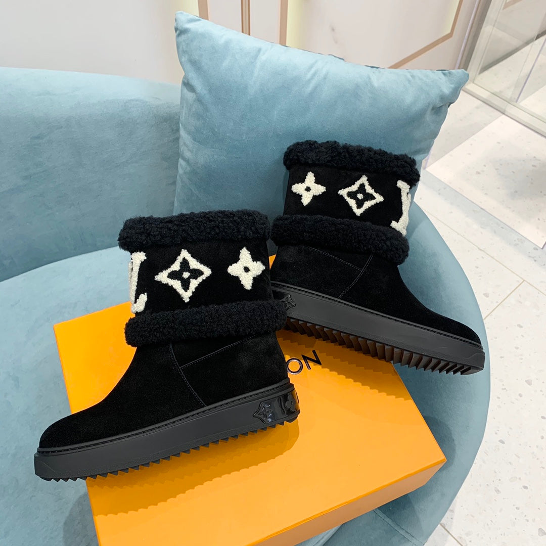 LV Snowdrop Flat Ankle Boot Black Monogram White Suede