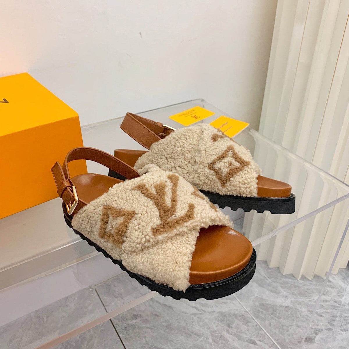 LV Paseo Flat Comfort Sandal Beige Brown Fleece