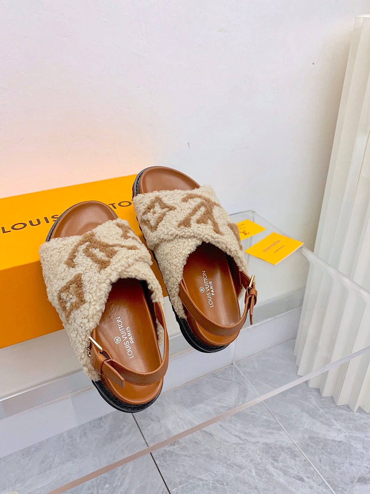 LV Paseo Flat Comfort Sandal Beige Brown Fleece