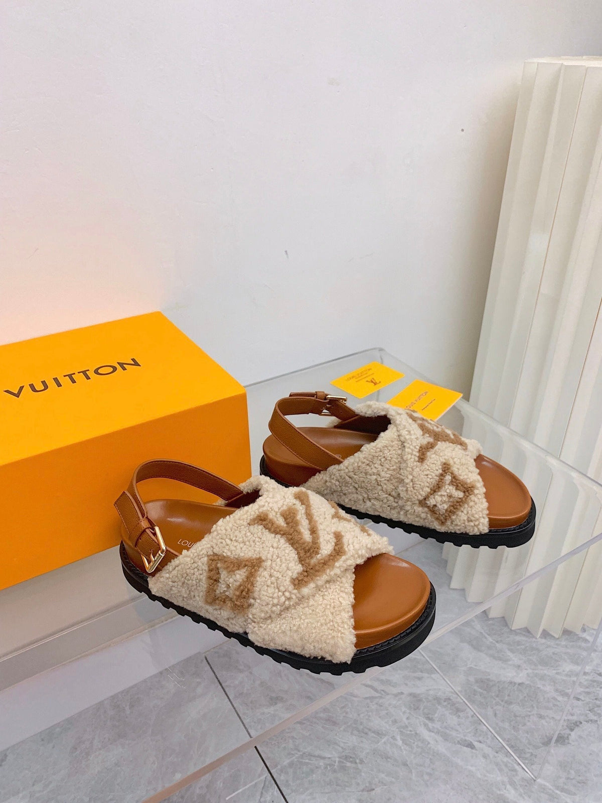 LV Paseo Flat Comfort Sandal Beige Brown Fleece