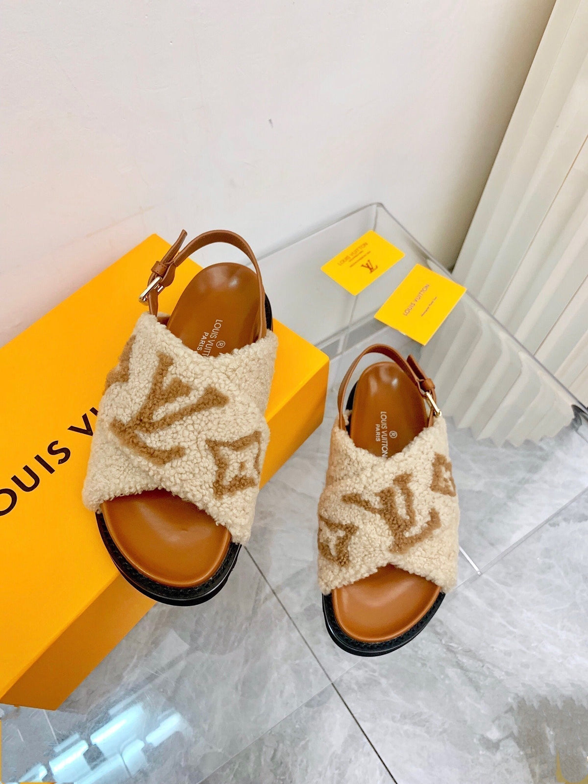 LV Paseo Flat Comfort Sandal Beige Brown Fleece