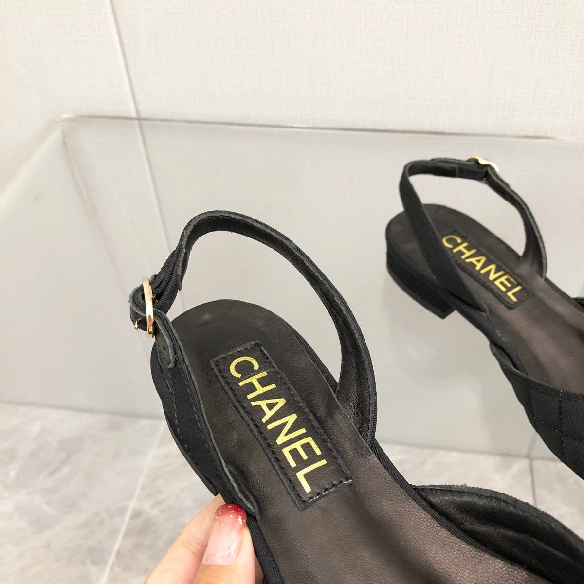 CC 25C 2CM Slingback Flats Black White Fabric 213237