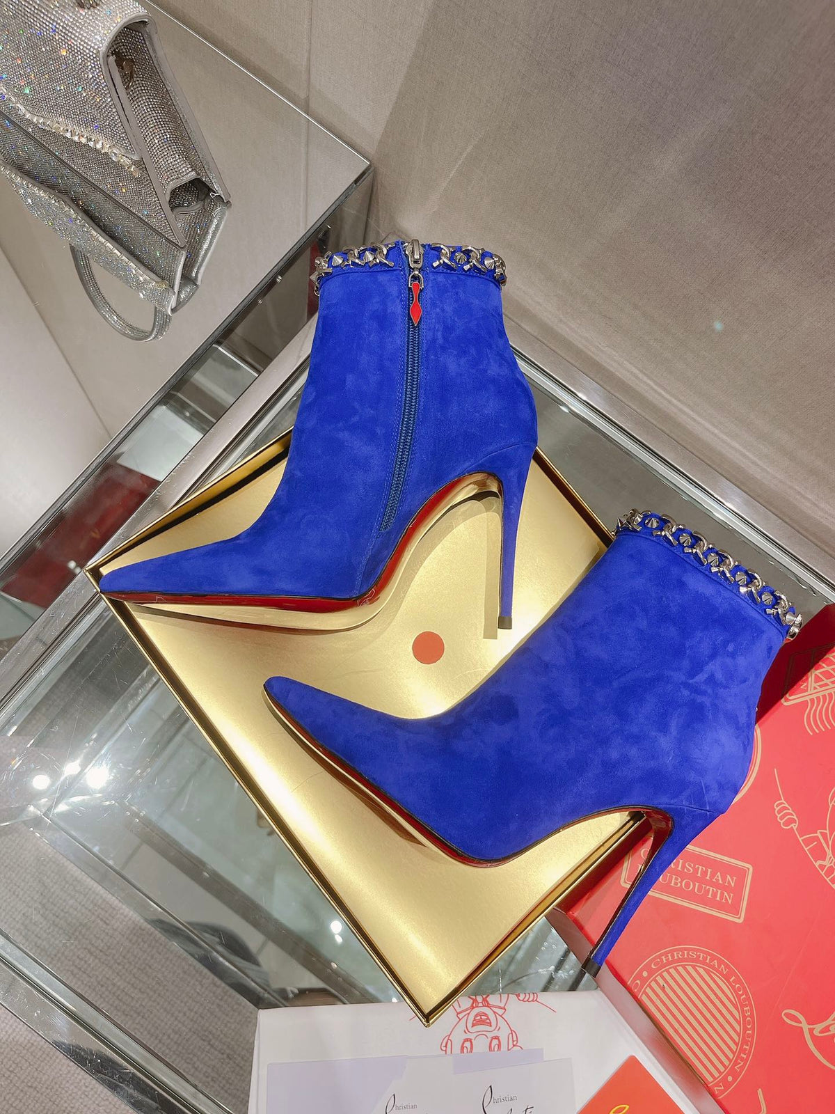 CL Chain Booty Ankle Boots 100mm Velvet Blue