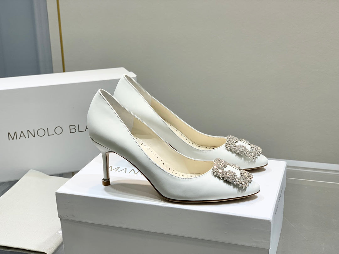 Manolo Snowflake Buckle Pumps White Cowhide 204507