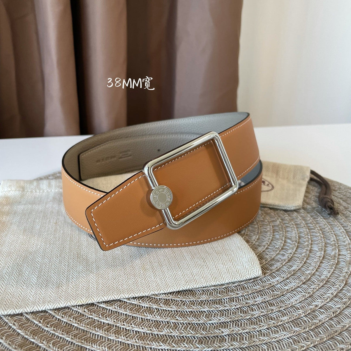 OSCAR BELT BUCKLE & REVERSIBLE KHAKI BROWN AND ORANGE LEATHER STRAP 38MM SILVER HARDWARE